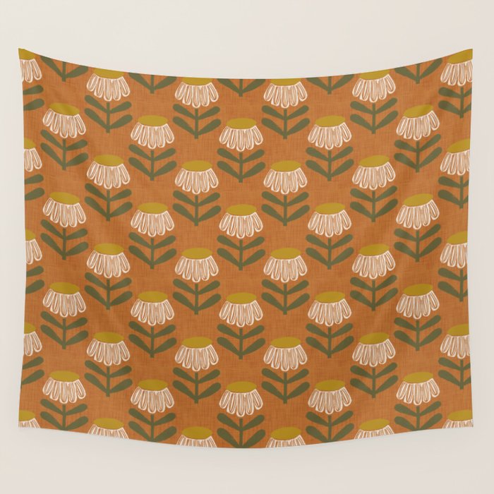 Retro Floral Burnt Orange - Mid Century Modern Daisy Wall Tapestry Gallery Image 1