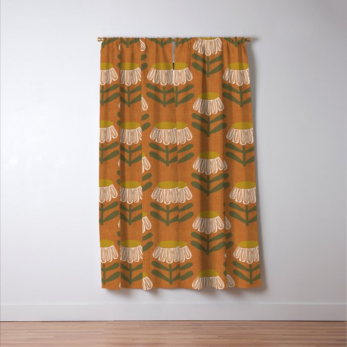 Retro Floral Burnt Orange - Mid Century Modern Daisy Window Curtain Gallery Image 3