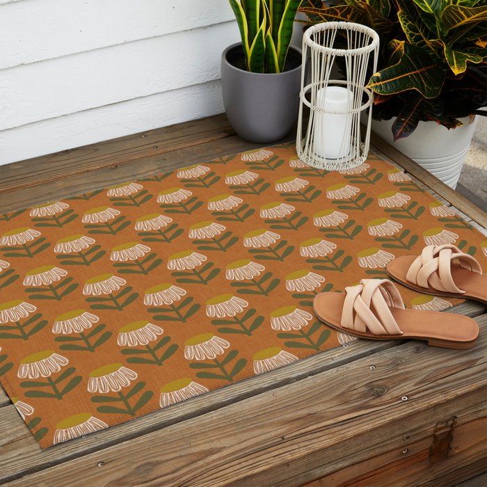 Retro Floral Burnt Orange - Mid Century Modern Daisy Outdoor Rug Gallery Image 2