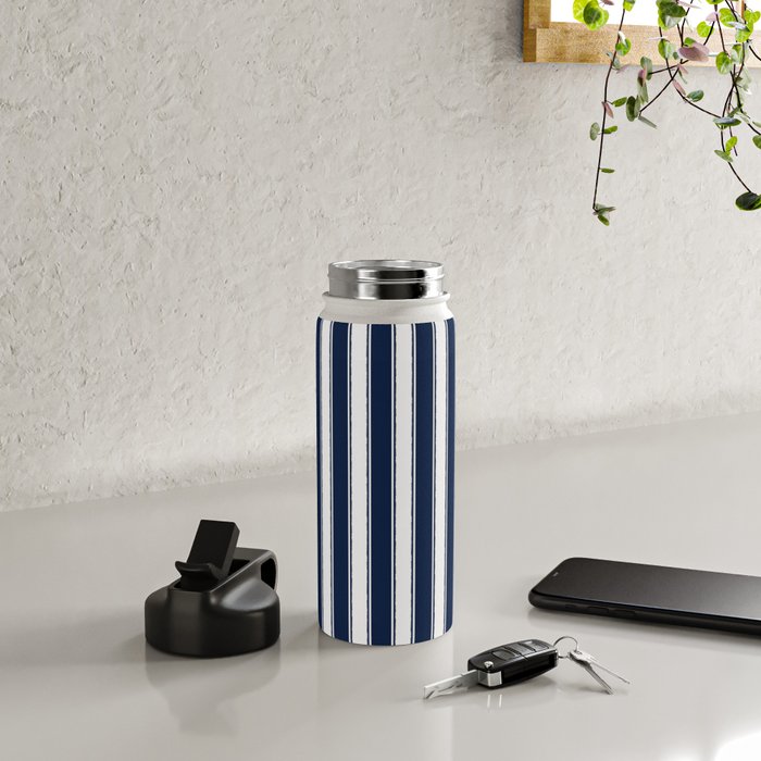 Nautical Navy Blue and White Rough Stripes Vertical Pattern Water Bottle Gallery Image 4