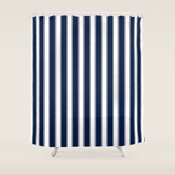 Nautical Navy Blue and White Rough Stripes Vertical Pattern Shower Curtain Gallery Image 1