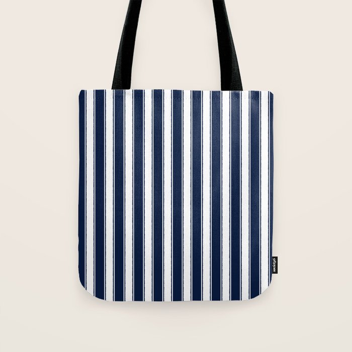 Nautical Navy Blue and White Rough Stripes Vertical Pattern Tote Bag Gallery Image 1