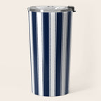 Nautical Navy Blue and White Rough Stripes Vertical Pattern Travel Mug Gallery Image 2