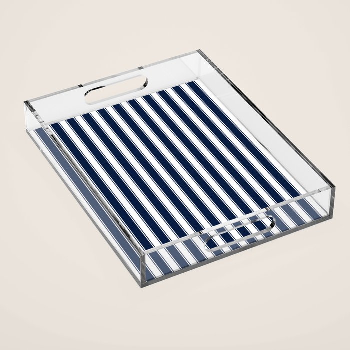 Nautical Navy Blue and White Rough Stripes Vertical Pattern Acrylic Tray Gallery Image 1