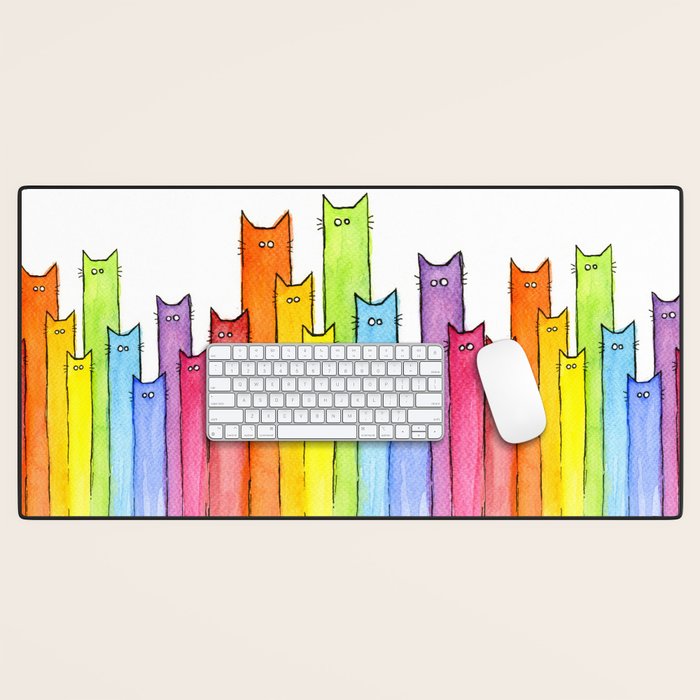 Cat Rainbow Watercolor Pattern Desk Mat Gallery Image 1