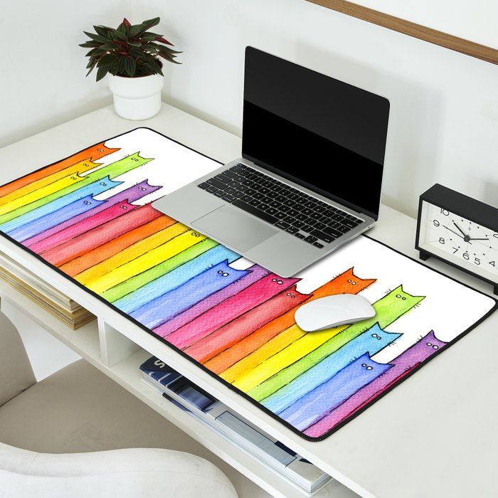 Cat Rainbow Watercolor Pattern Desk Mat Gallery Image 2