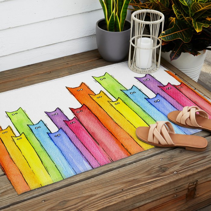 Cat Rainbow Watercolor Pattern Outdoor Rug Gallery Image 2