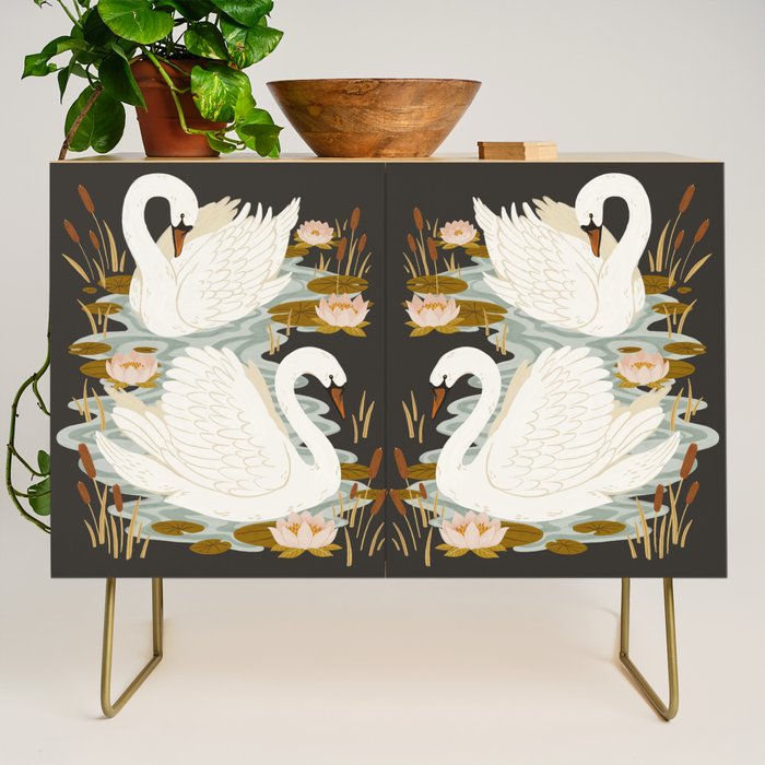 Swan Dance - Charcoal Black Background Credenza Gallery Image 1