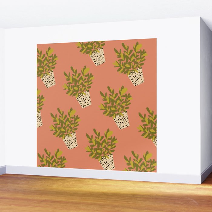 ZZ Plant Art on Terra cotta background Wall Mural Gallery Image 2