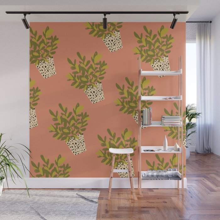 ZZ Plant Art on Terra cotta background Wall Mural Gallery Image 1