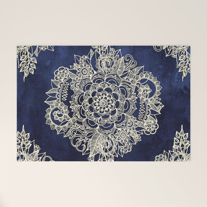 Cream Floral Moroccan Pattern on Deep Indigo Ink Welcome Mat Gallery Image 1