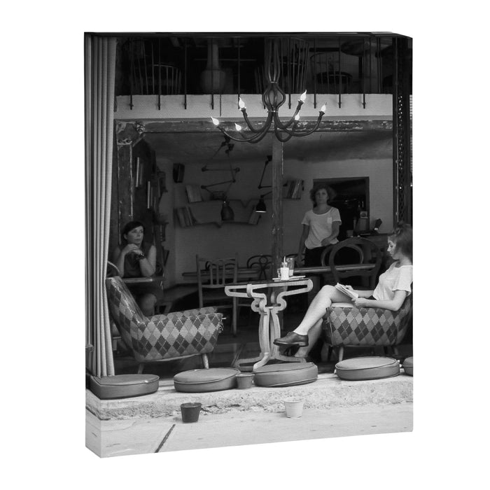 Morning coffee in a cafe - Black and white street photography Canvas Print Gallery Image 1