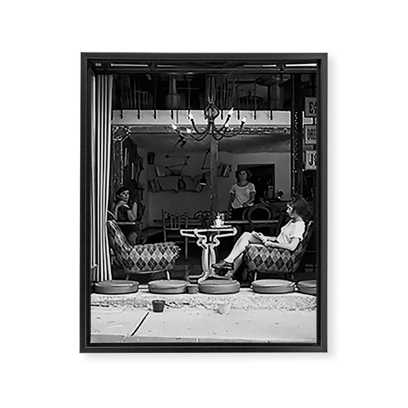Morning coffee in a cafe - Black and white street photography Framed Canvas Print Gallery Image 6