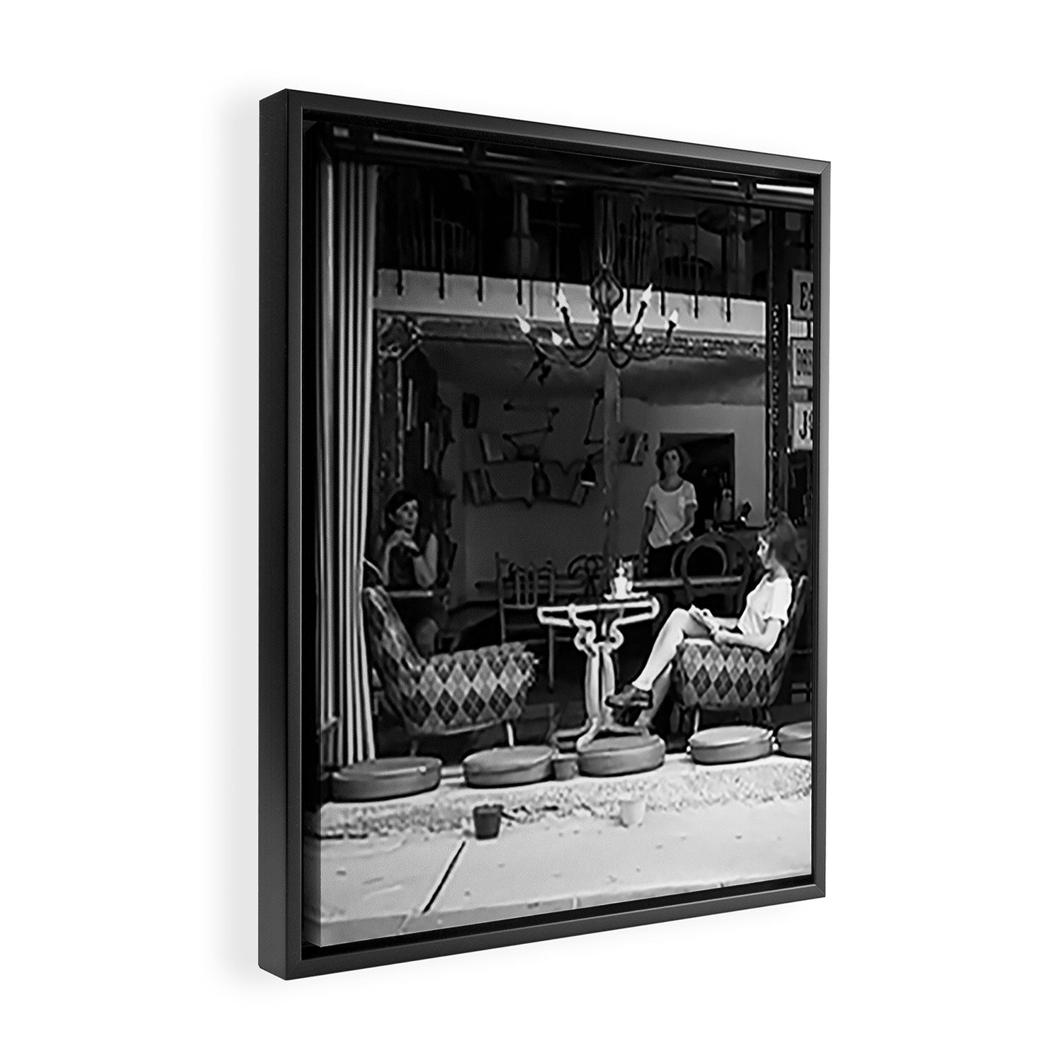 Morning coffee in a cafe - Black and white street photography Framed Canvas Print Gallery Image 2