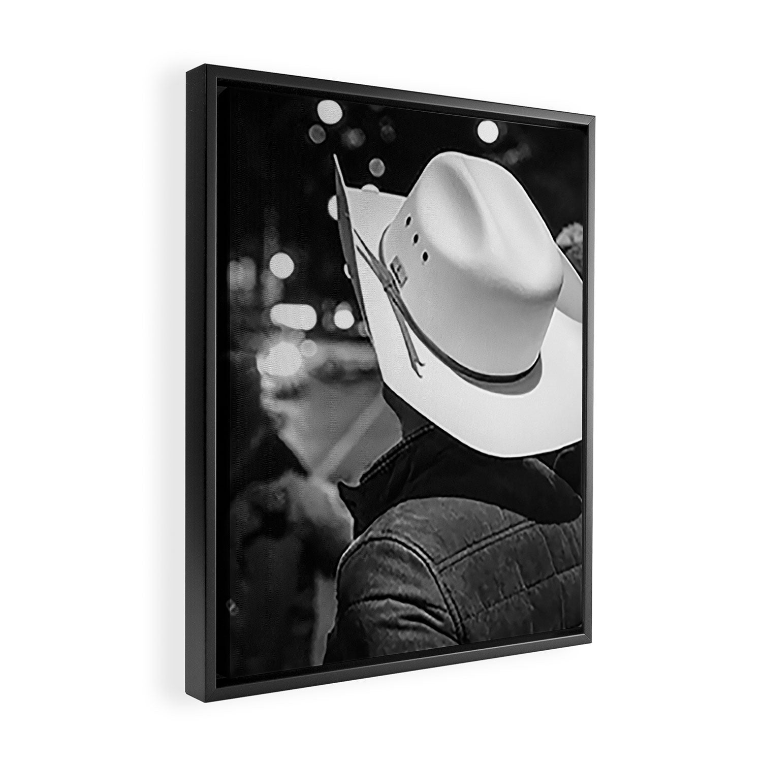 New York City cowboy night out in Black and white Framed Canvas Print Gallery Image 2