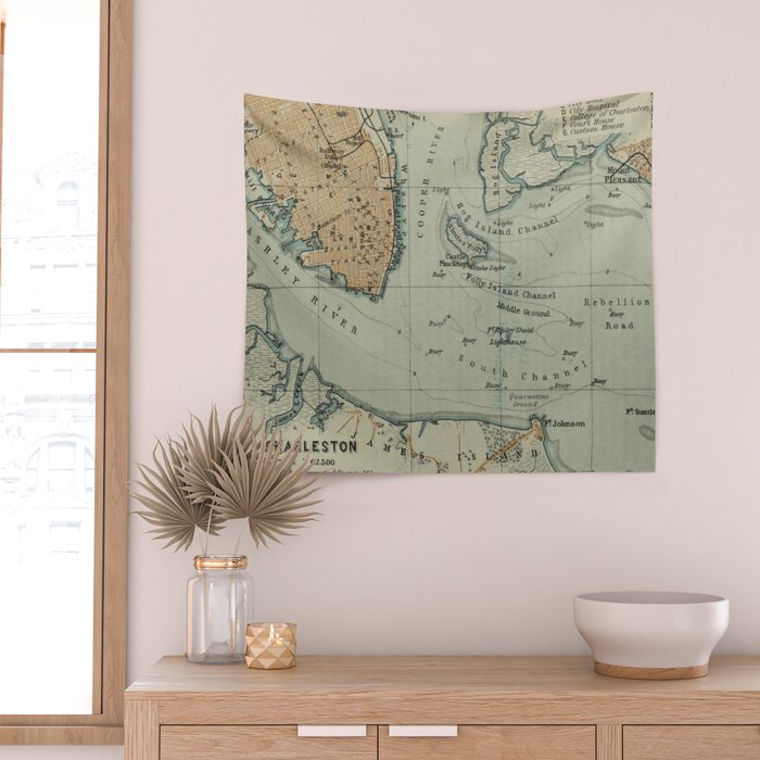 Vintage Map of Charleston SC Harbor (1904) Wall Tapestry Gallery Image 2