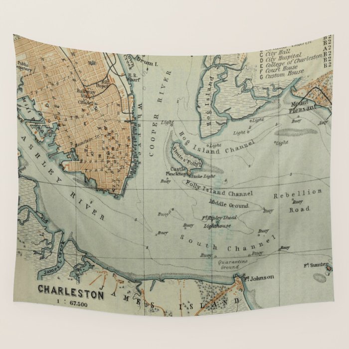 Vintage Map of Charleston SC Harbor (1904) Wall Tapestry Gallery Image 4