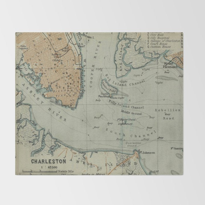 Vintage Map of Charleston SC Harbor (1904) Throw Blanket Gallery Image 2