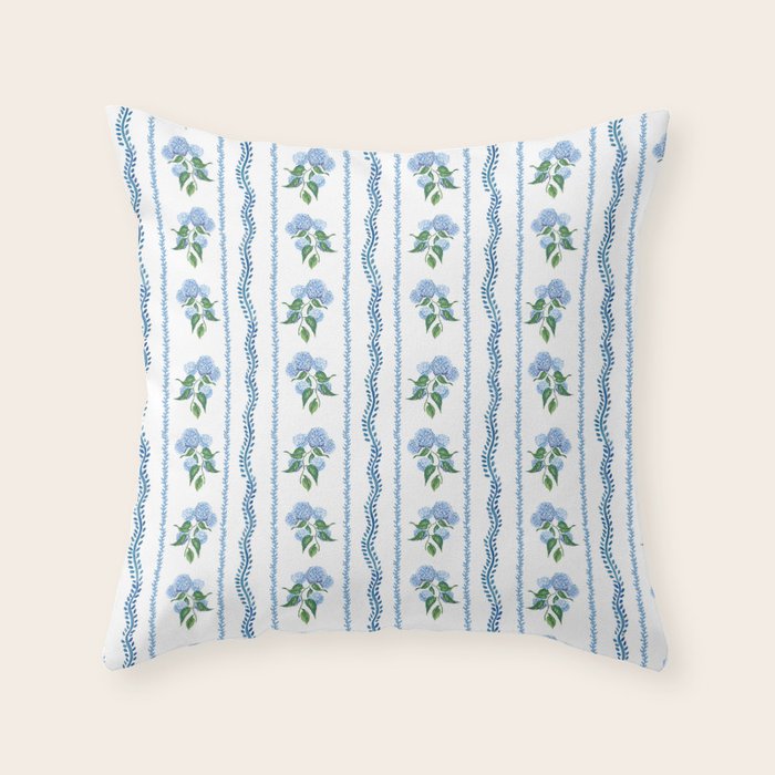 Hydrangea blue and white stripes coastal style Throw Pillow Gallery Image 6