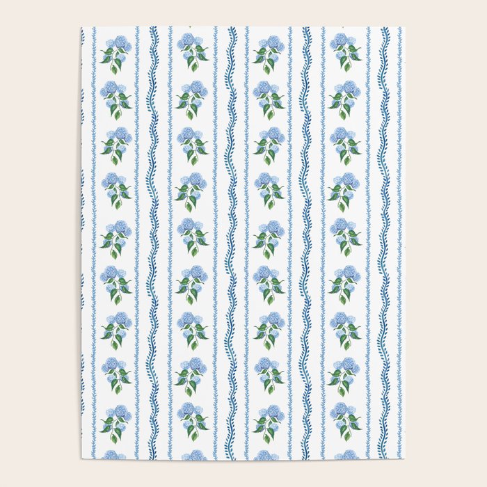 Hydrangea blue and white stripes coastal style Poster Gallery Image 4