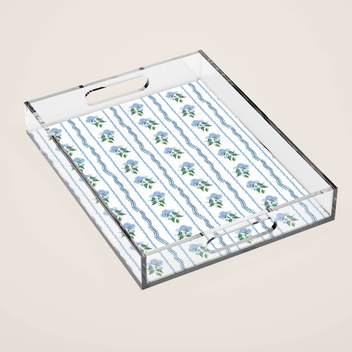 Hydrangea blue and white stripes coastal style Acrylic Tray Gallery Image 1