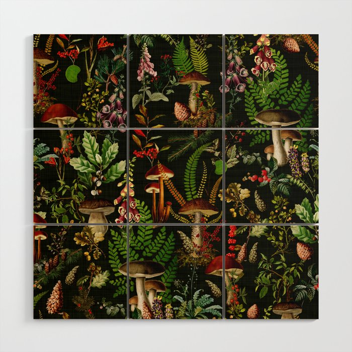 Vintage Mysterious Mushroom Night Forest Botanical Garden Wood Wall Art Gallery Image 1