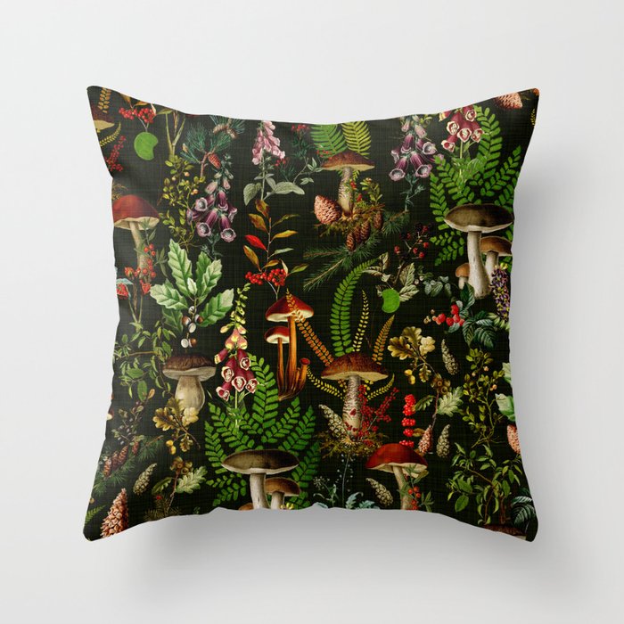 Vintage Mysterious Mushroom Night Forest Botanical Garden Throw Pillow Gallery Image 6