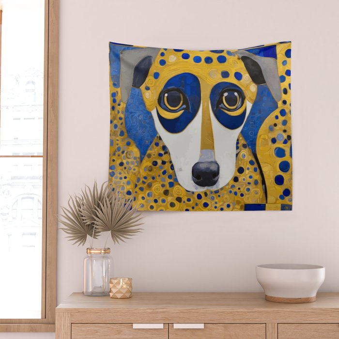 Klimt Dog with Blue and Gold Spots Wall Tapestry Gallery Image 2