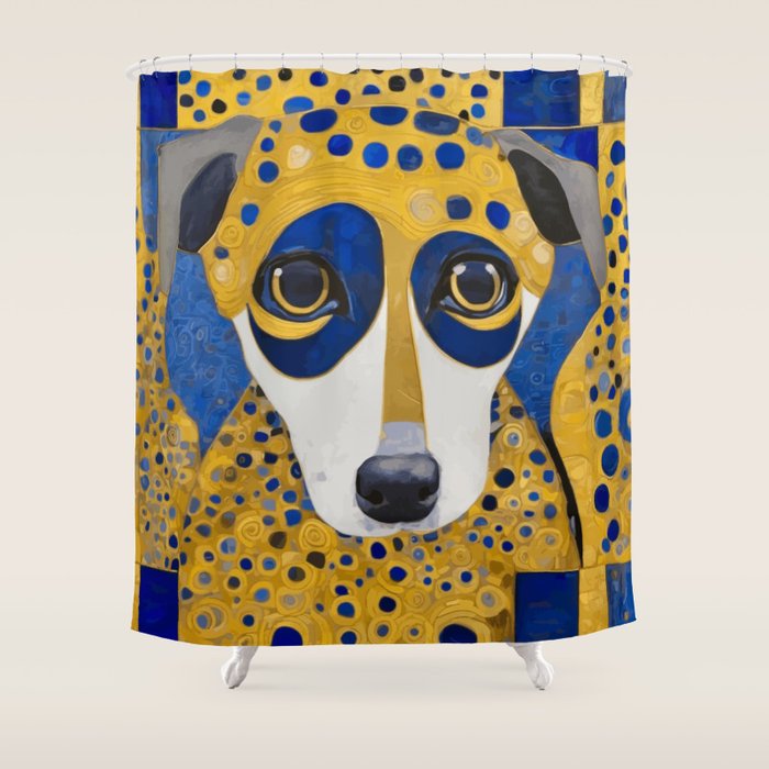 Klimt Dog with Blue and Gold Spots Shower Curtain Gallery Image 1
