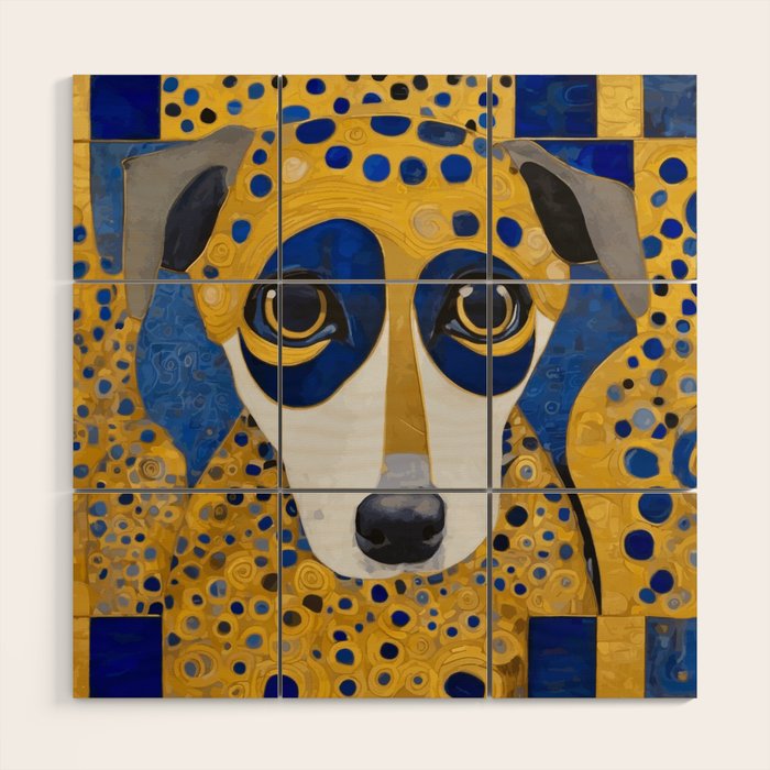 Klimt Dog with Blue and Gold Spots Wood Wall Art Gallery Image 1