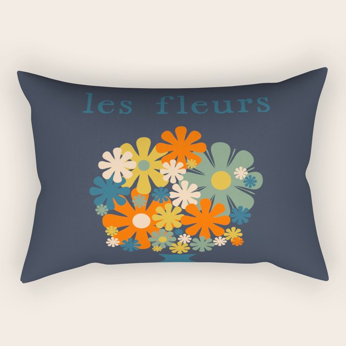 Les Fleurs Cheerful Retro Flowers in Vase Blue Rectangular Pillow Gallery Image 1