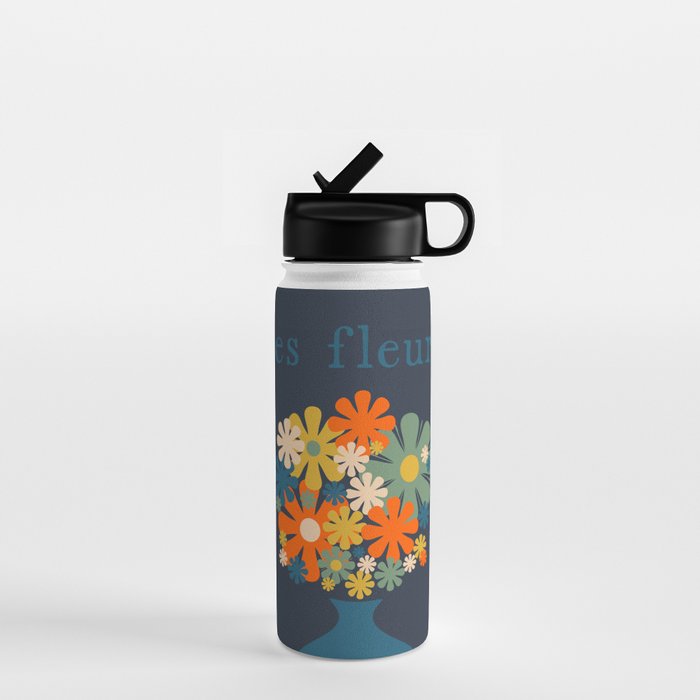 Les Fleurs Cheerful Retro Flowers in Vase Blue Water Bottle Gallery Image 1