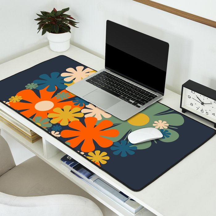 Les Fleurs Cheerful Retro Flowers in Vase Blue Desk Mat Gallery Image 2