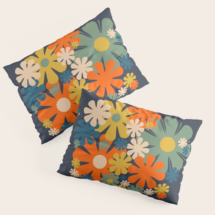 Les Fleurs Cheerful Retro Flowers in Vase Blue Pillow Sham Gallery Image 3