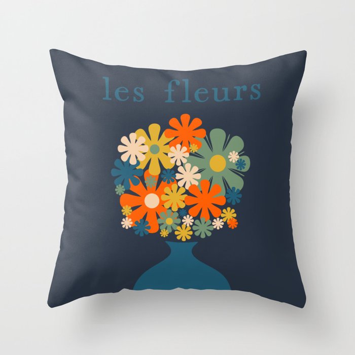 Les Fleurs Cheerful Retro Flowers in Vase Blue Throw Pillow Gallery Image 1