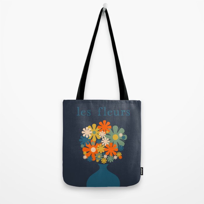 Les Fleurs Cheerful Retro Flowers in Vase Blue Tote Bag Gallery Image 2