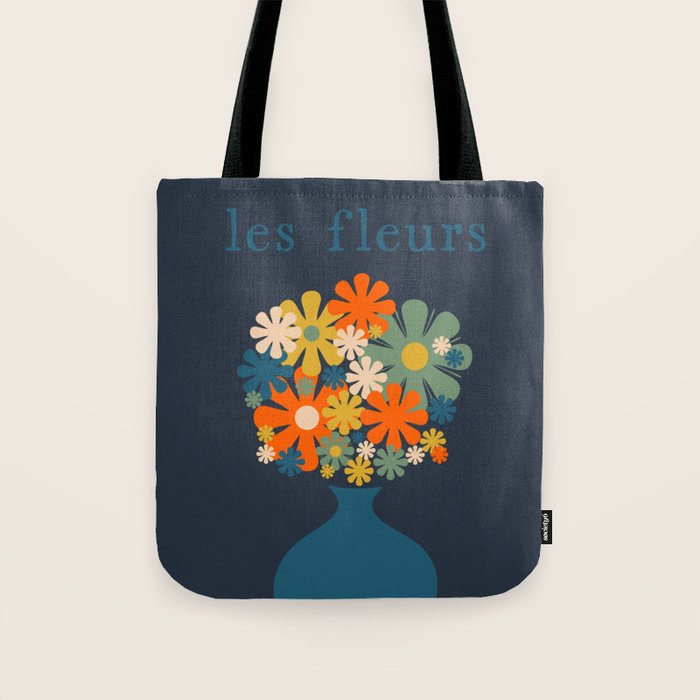 Les Fleurs Cheerful Retro Flowers in Vase Blue Tote Bag Gallery Image 1