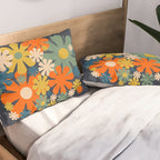 Les Fleurs Cheerful Retro Flowers in Vase Blue Pillow Sham Gallery Image 2