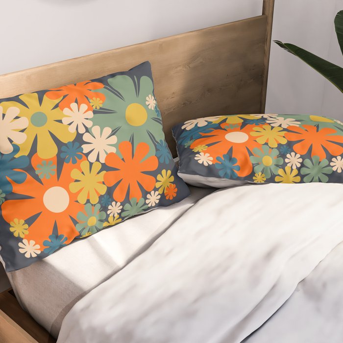 Les Fleurs Cheerful Retro Flowers in Vase Blue Pillow Sham Gallery Image 2