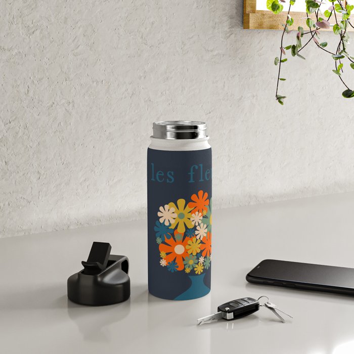 Les Fleurs Cheerful Retro Flowers in Vase Blue Water Bottle Gallery Image 4