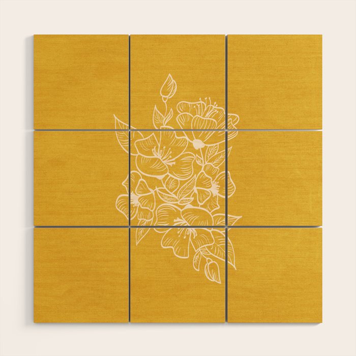 Scandinavian Brushed Gold Floral Ornament | Tropical Line Art Wood Wall Art Gallery Image 1