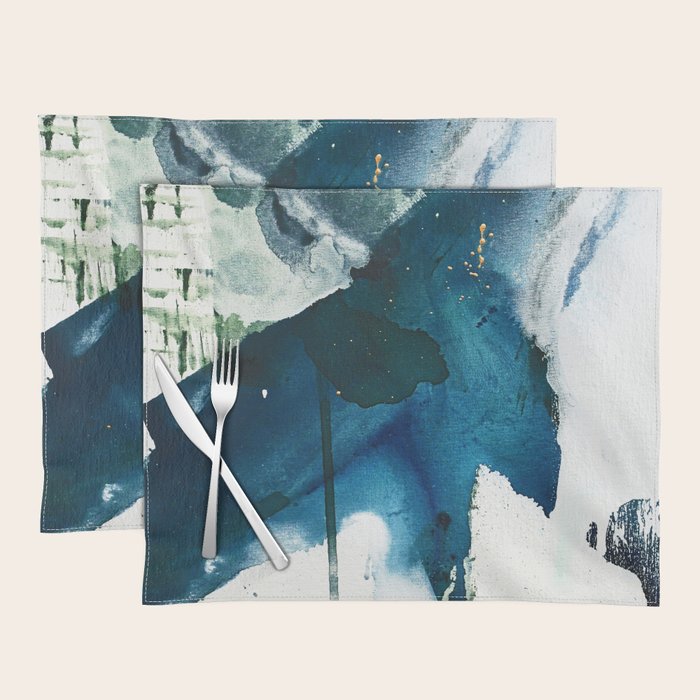 Untamed: a pretty, minimal, abstract painting in blue, white and gold by Alyssa Hamilton Art  Placemat Gallery Image 1