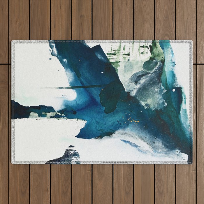 Untamed: a pretty, minimal, abstract painting in blue, white and gold by Alyssa Hamilton Art  Outdoor Rug Gallery Image 1