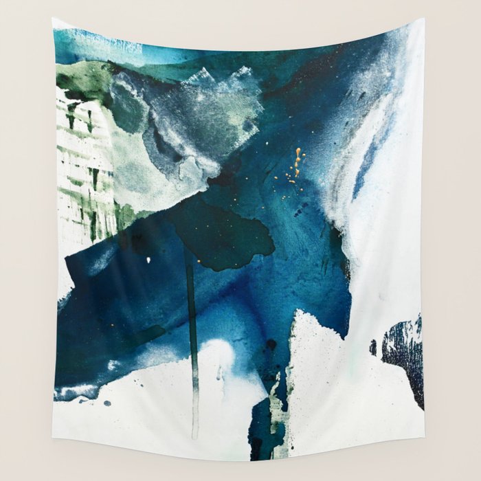 Untamed: a pretty, minimal, abstract painting in blue, white and gold by Alyssa Hamilton Art  Wall Tapestry Gallery Image 4