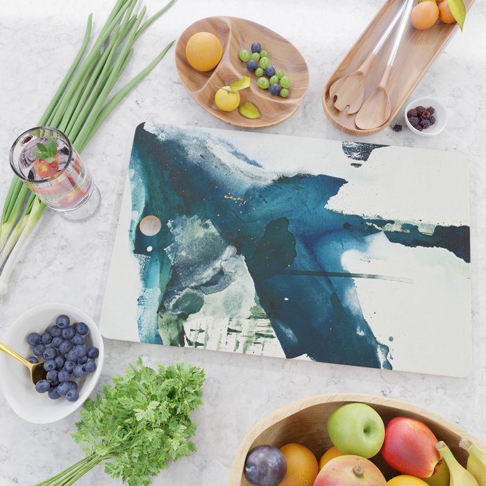 Untamed: a pretty, minimal, abstract painting in blue, white and gold by Alyssa Hamilton Art  Cutting Board Gallery Image 2