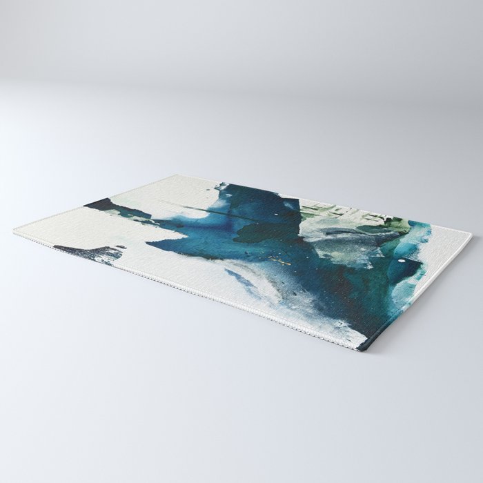Untamed: a pretty, minimal, abstract painting in blue, white and gold by Alyssa Hamilton Art  Rug Gallery Image 3