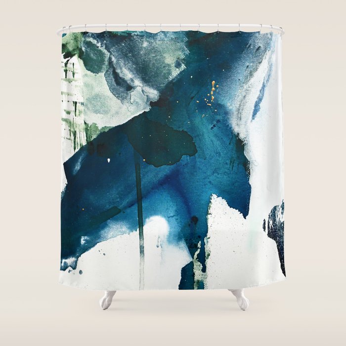 Untamed: a pretty, minimal, abstract painting in blue, white and gold by Alyssa Hamilton Art  Shower Curtain Gallery Image 1
