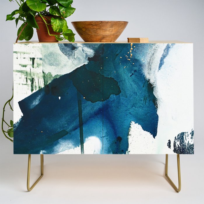 Untamed: a pretty, minimal, abstract painting in blue, white and gold by Alyssa Hamilton Art  Credenza Gallery Image 1