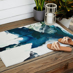 Untamed: a pretty, minimal, abstract painting in blue, white and gold by Alyssa Hamilton Art  Outdoor Rug Gallery Image 2