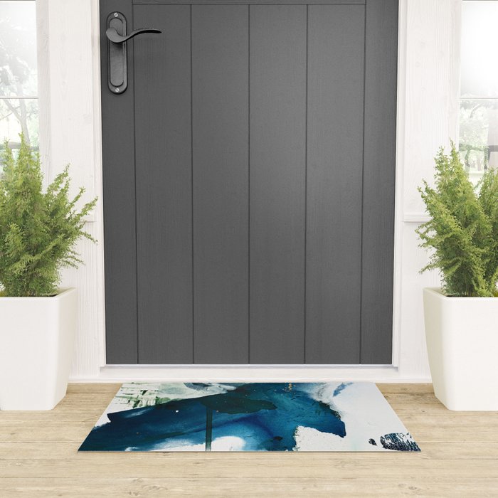 Untamed: a pretty, minimal, abstract painting in blue, white and gold by Alyssa Hamilton Art  Welcome Mat Gallery Image 3